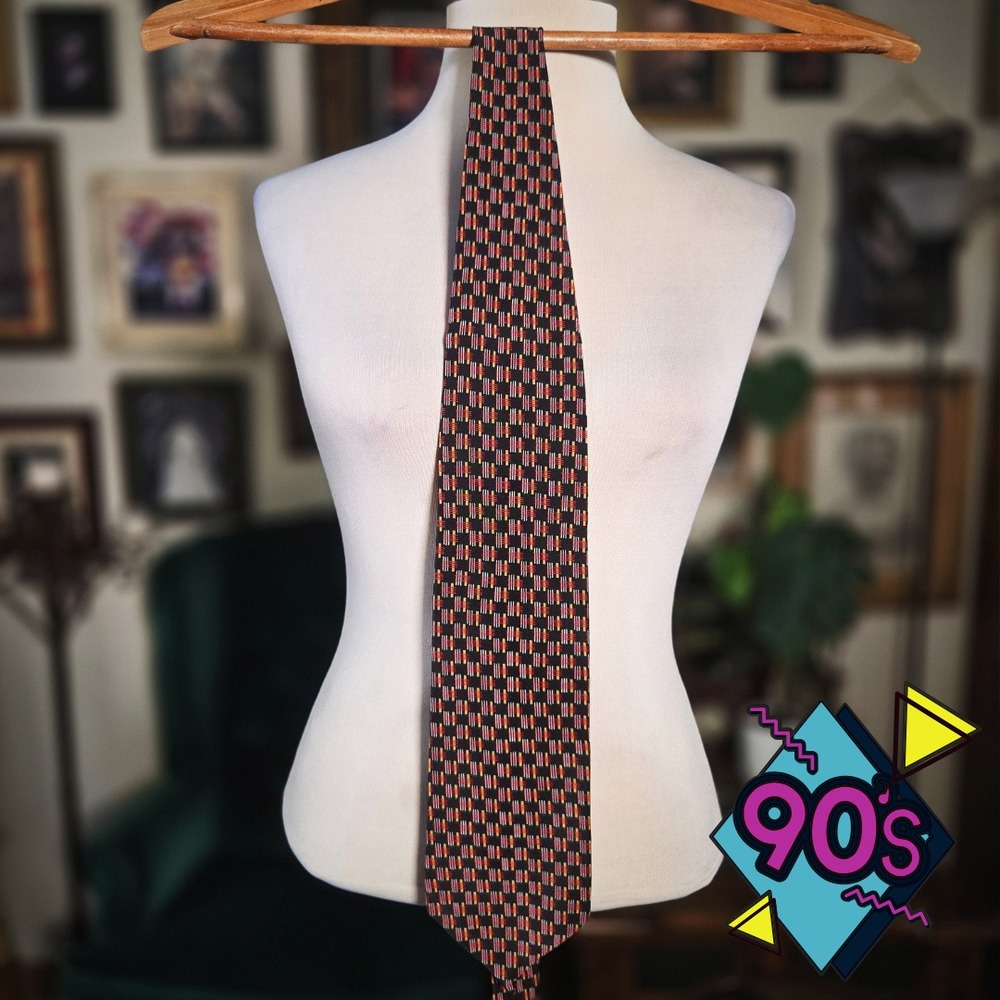 Structure Silk Necktie Vintage 90s Geometric Abstract Black Red Yellow USA Made